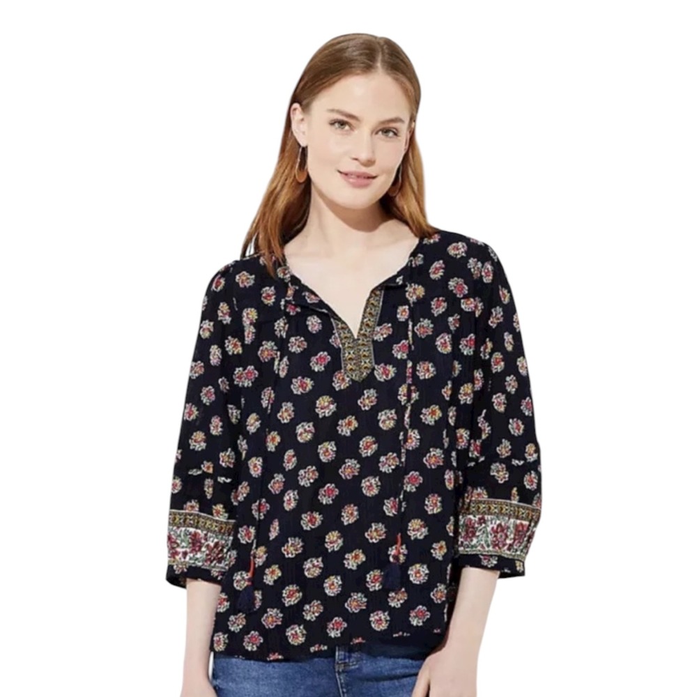 LOFT Bloom Split Neck Blouse Navy Size Small NWT Boho